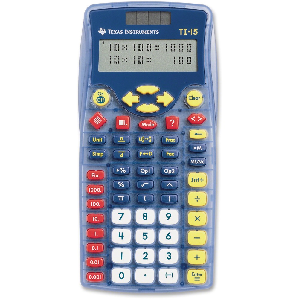 TEXTI15 - TI-15 Explorer Elementary Calculator encourages students in grades third through sixth to develop their problem-solving skills and begin connecting mathematic concepts. Displaying two forms of fractional results simultaneously allows students to begin making crucial mathematic connections. They can simplify fractions to lowest terms automatically or step by step. Calculator converts improper fractions, fractions, mixed numbers, decimals and percent and perform operations in M-D-A-S order. Built-in flash cards challenge their addition, subtraction, multiplication and division skills. Set the flash cards for the appropriate age and type of operation. The flash card functionality gives students hints when a wrong answer is entered and includes an internal scoreboard enabling teachers to check each student's progress. Design includes an impact-resistant cover; hard plastic color-coded keys; two-line display with 11 digits per line and dual power source (battery and solar).