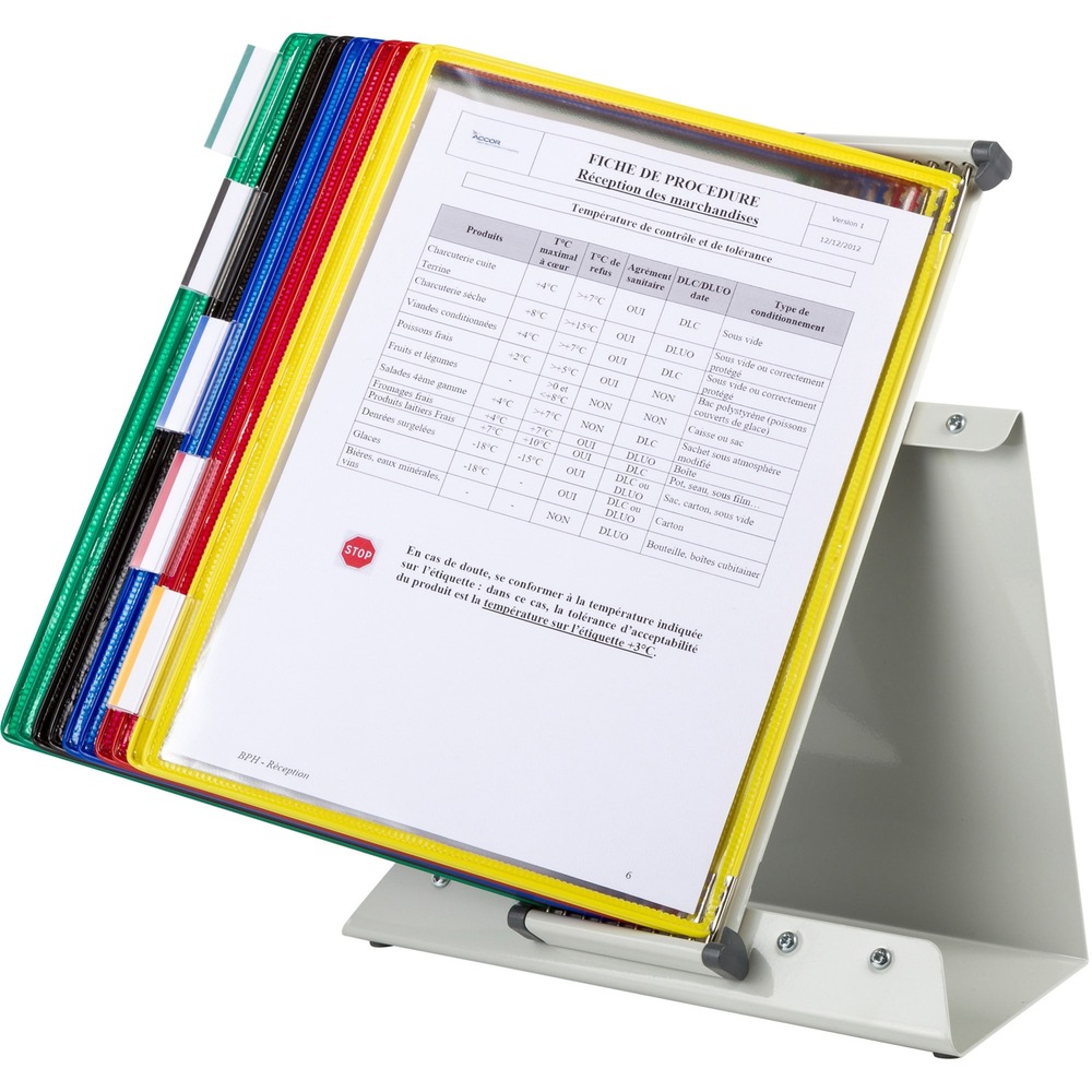 TFID291 - Maximize productivity by placing important information at your fingertips with a desktop organizer. Desktop reference system can be placed on any desk, workstation or countertop to put frequently referenced documents and information at your fingertips. Set includes metal desk stand, mounting plate, index tabs, pluggers, hardware and 10 color-coded, wire-reinforced PVC pockets. Each pivoting pocket has two viewing sides for a total capacity of 20 sheets or viewing sides. Letter-size pockets are designed for optimum visibility and provide optimal protection for your documents against dirt, spills and dust, even with intensive use. Rack is expandable up to 30 pockets (additional pockets sold separately).