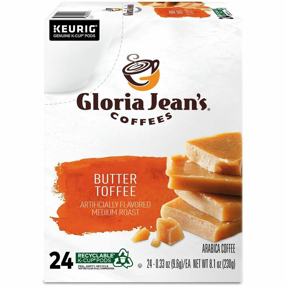 DIE60051012 - Gloria Jean's Coffees is continually introducing taste-tempting hot beverages and refreshing chillers. Gloria jean's coffees' passion for quality has made us a leader in gourmet flavored coffees, varietals and blends. At Gloria Jean's Coffees, coffee is our passion. We painstakingly select our Arabica beans from only the most discriminating sources, with whom we share a commitment to bring you the highest quality coffee in the world. From bean to cup, nothing is compromised, making Gloria Jean's coffee the very finest you can buy. Gloria Jean's Butter Toffee flavored coffee has a smooth, creamy taste, with a touch of caramel toffee. Flavor your day with all our K-Cup Pod varieties. Compatible with all Keurig Single Serve K-Cup Pod Coffee Makers. Introducing Recyclable K-Cup Pods: Simple. Delicious. And now Recyclable. Enjoy the same great-tasting coffee you know and love, and when you're done just peel, empty and recycle.
