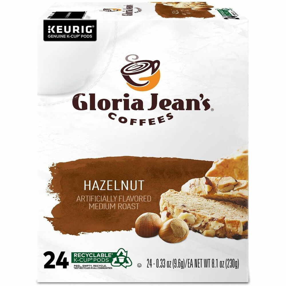 DIE60051052 - Gloria Jean's Coffees is continually introducing taste-tempting hot beverages and refreshing chillers. Gloria jean's coffees' passion for quality has made us a leader in gourmet flavored coffees, varietals and blends. At Gloria Jean's Coffees, coffee is our passion. We painstakingly select our Arabica beans from only the most discriminating sources, with whom we share a commitment to bring you the highest quality coffee in the world. From bean to cup, nothing is compromised, making Gloria Jean's coffee the very finest you can buy. Gloria Jean's Hazelnut Coffee is our rich medium roast with the taste of hazelnut. Since Gloria Jean started her first café over 30 years ago, Gloria Jean's Coffees have been perfecting flavored coffee - and only flavored coffee - giving you the ideal blend of smooth roasted taste and delicious flavors you crave. Introducing Recyclable K-Cup Pods: Simple. Delicious. And now Recyclable. Enjoy the same great-tasting coffee you know and love, and when you're done just peel, empty and recycle.