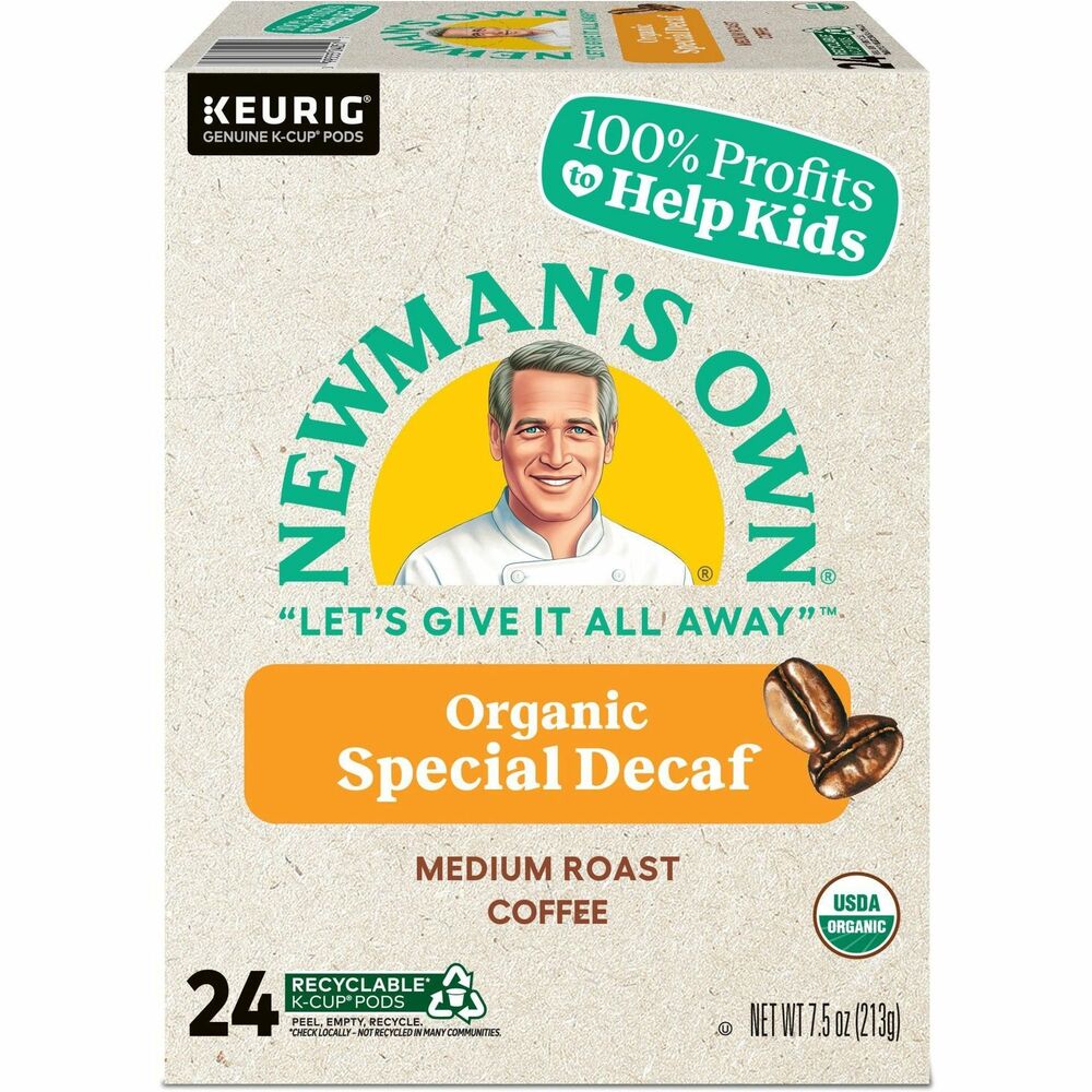 GMT4051 - Want the great taste of Newman's Own Organic coffee without the caffeine Now you can with Newman's Own Organic Special Decaf, the decaffeinated, full-bodied blend of medium and dark roasts with a bold yet refined flavor and a strong yet smooth finish. In addition to being 100% USDA Certified Organic and Certified Orthodox Union Kosher, Newman's Own proudly supports organizations such as SeriousFun Children's Network, which delivers more than 160,000 life-changing experiences each year to kids living with serious illnesses. In total, more than $600 million has been donated to help kids and other good causes through Newman's Own Foundation since 1982. The Foundation is a very important part of our story and the true heart of Newman's Own. It's in our DNA. It's why we exist and what motivates us. Newman's Own Organic Special Blend Decaf delivers an inspired blend of medium-roasted Central American and darker-roasted Indonesian coffees for a rich and robust flavor with ample body that's decaffeinated and 100% organic. K-Cup pods are also recyclable in some communities, so you can feel even better drinking Newman's Own Organic Special Blend Decaf. Enjoy the same great-tasting coffee you know and love, and when you're done, please peel, empty, and recycle. 