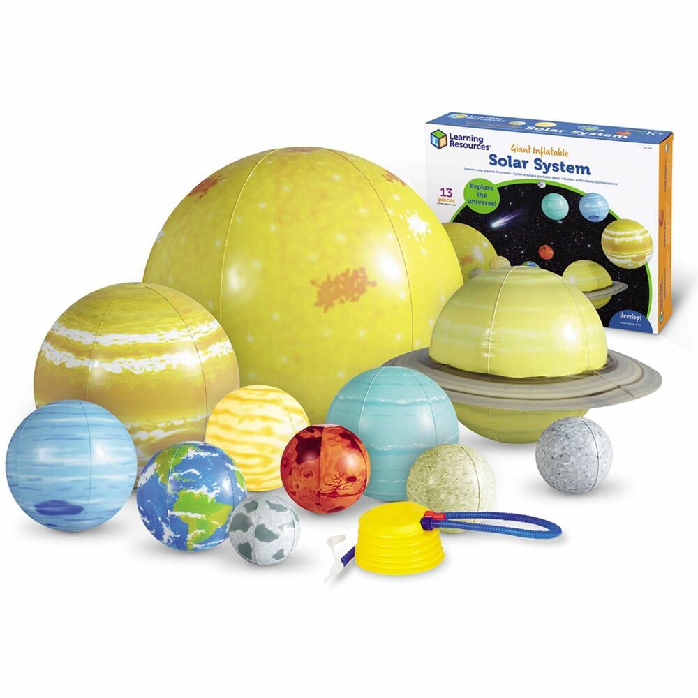 LRNLER2434 - Demonstrate rotation, revolution and orbit in three dimensions with this durable, washable solar system set. Plus, this inflatable solar system set helps you teach the position, order, size and shape of the planets and sun. Included hooks allow easy hanging. Set includes planets, Pluto, sun, moon, repair kit, multilingual activity guide and foot pump. Solar system set is designed for children ages 5 and up.