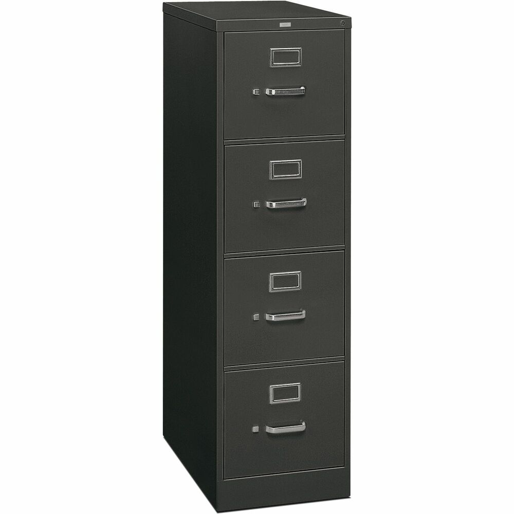 HON314PS - Four-drawer, vertical filing cabinet features steel ball-bearing suspension for superior suspension, a 26-1/2" depth, label holders and a One Key core-removable lock kit. High drawer sides accept letter-size hanging folders without the use of hangrails. All drawers have thumb latches. Spring-loaded, follower blocks keep files upright. Follower blocks have positive, slide-action positioning that is adjustable on 5/8" centers. Charcoal-colored vertical file has a baked enamel finish over rust-inhibiting, phosphate pretreatment. Filing cabinet is certified by SCS to be in compliance with specific, indoor, air-quality emission requirements and meets or exceeds applicable ANSI/BIFMA standards.