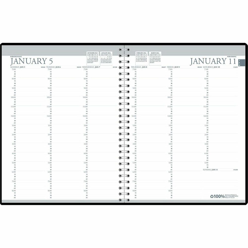 HOD27202 - Professional weekly planner features an embossed, simulated leather cover for a professional look and vertical planning that ranges 12 months from January to December. Strong wire binding firmly keeps the planner intact throughout the year. Printed monthly indicators help you quickly find the date you need, Two-page-per-week spreads include ruled daily columns, half-hourly appointment times from 7 AM to 8:45 PM on weekdays and 7 AM to 5:30 PM on Saturday, Monday-through-Sunday scheduling, count of days/days remaining, a ruled notes section and past, current and two future months reference. Nonrefillable planner also features a three-year calendar reference page for long-range planning and additional page with important holiday dates for three years in list form. Paper is made with a high percentage of recycled material.