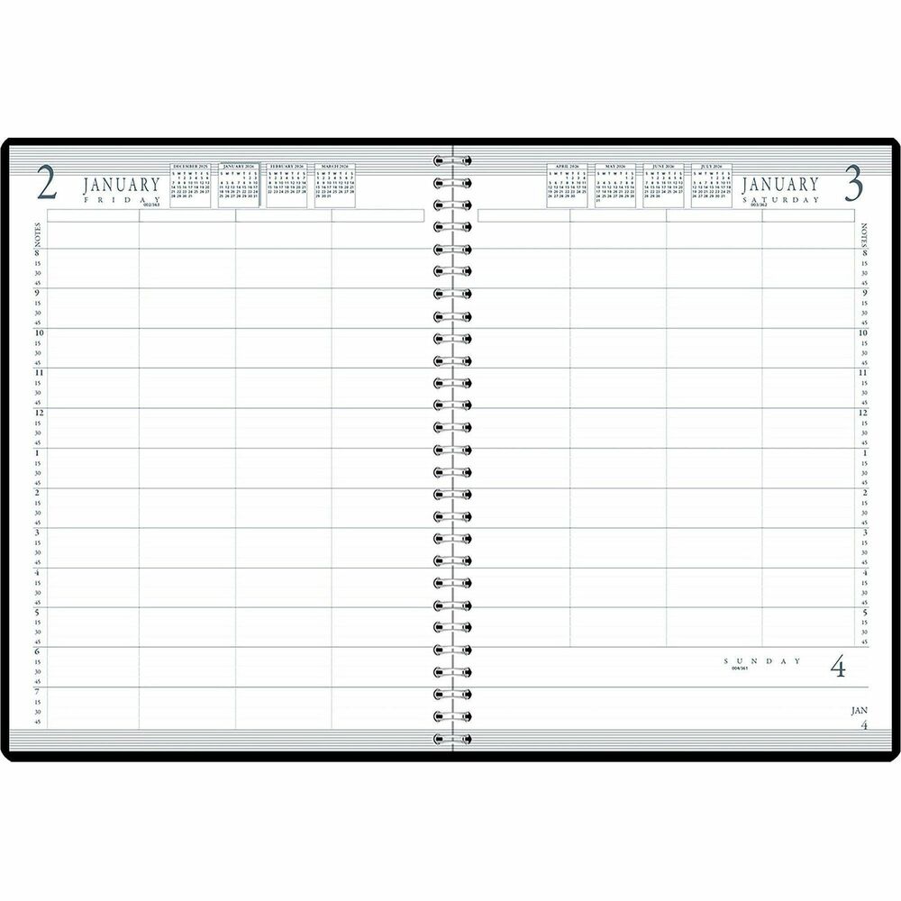 HOD28202 - Daily appointment book offers an organized way to track appointments for four people every day. One-page-per-weekday format includes four columns, each with quarter-hourly appointment times from 8 AM to 7:45 PM. Dated planning pages range 12 months from January to December. Nonrefillable appointment book also features an embossed, simulated leather cover for a professional look. The pages are made with a high percentage of recycled material.
