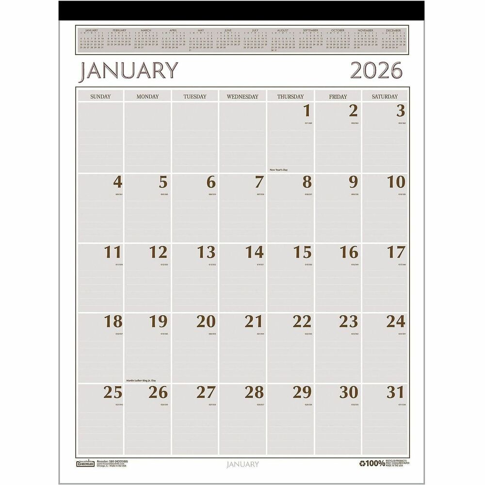 HOD380 - Wall calendar offers 12 months of dated planning from January to December. One-page-per-month format includes ruled daily blocks (2-1/2" x 3-3/4"), Sunday-through-Saturday scheduling, count of days/days remaining and a full-year calendar reference along the top for quick reference. Calendar is three-hole punched for hanging and printed in dark brown and beige ink. The brown binding at the top is made of simulated leather. Heavy, noncurling recycled paper is made with a high percentage of recycled material.