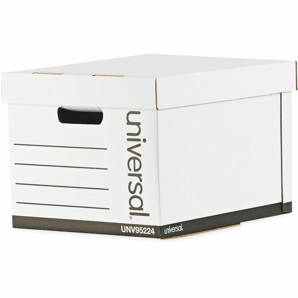 UNV95224 - Universal Heavy-Duty Fast Assembly Lift-Off Lid Storage Box provides extra strength you can rely on for storage of heavy documents and archival items. Built with double wall construction on all panels for increased stacking. Works great with steel shelving units, wire racks, warehouse shelving, and general storage. The soft and smooth, rolled edges eliminate paper cuts when moving and opening.