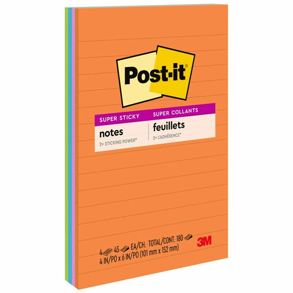 MMM4621SSAU - Post-it Super Sticky Notes feature a unique adhesive so your notes will stick securely to more surfaces. Now you can stick your notes where they'll really get noticed - like monitors, doors and walls. With lines to keep your notes straight, the 4" x 6" note is a perfect size for capturing important details or making lists. Super Sticky Notes hold longer and stronger than original notes yet remove cleanly. The Rio de Janeiro Color Collection is expressive and dramatic with colors celebrating this Brazilian metropolis. Super Sticky Post-it Notes are recyclable, and the paper in Post-it Notes is sourced from certified, renewable and responsibly managed forests. More from the Manufacturer