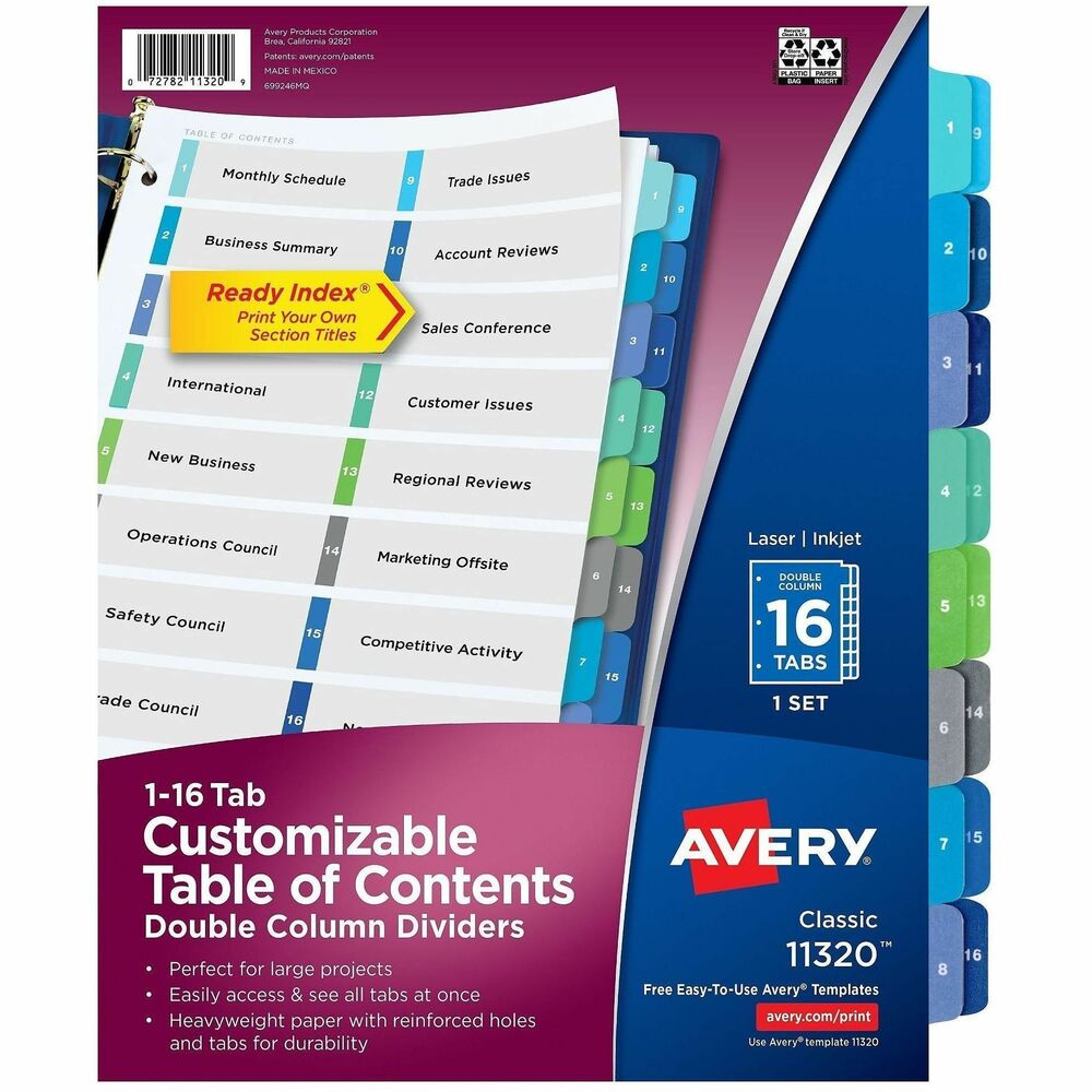 AVE11320 - Table of contents dividers each have two columns, providing more printing space for larger or more text. Two layers of tabs are easier to see and turn. Bottom layer of tabs extends further than top layer to allow you to see all tabs at once. Double-sided hole reinforcement prevents tearing from binder rings. Added tab reinforcement prevents tabs from tearing. Heavier paper for both Table of Contents and tab dividers offer durability. Format Table of Contents with Microsoft Word templates. More from the Manufacturer