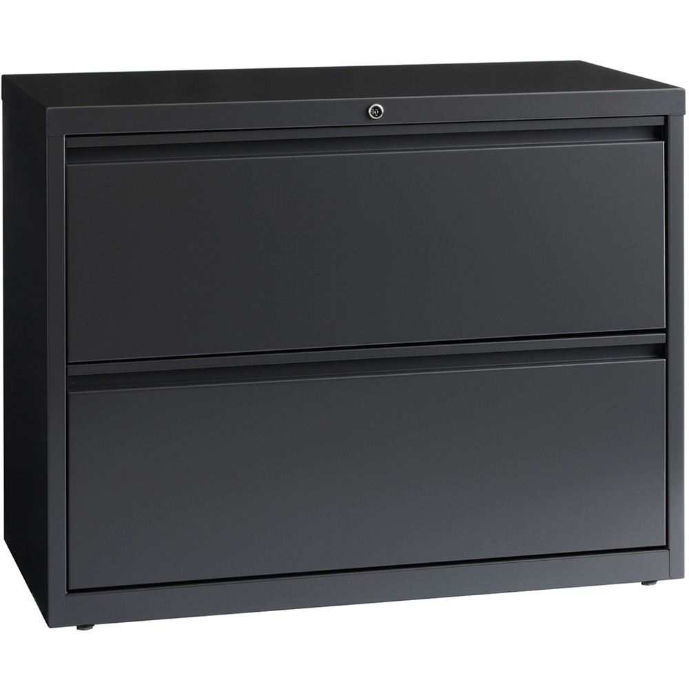 LLR60449 - 36" wide lateral file features two versatile drawers with hanging file rails for side-to-side filing of letter-size, legal-size or A4-size folders. Each drawer has a magnetic label holder for easy identification where you need it. Design also features a core-removable lock for security, dual locking bars, full-width pull, ball-bearing slide suspension for smooth opening and closing, reinforced base, and four adjustable leveling guides for stabilization. Interlock system prohibits the extension of more than one drawer at a time for your safety. Counterweight prevents tipping. Lateral file meets or exceeds applicable ANSI/BIFMA standards. More from the Manufacturer