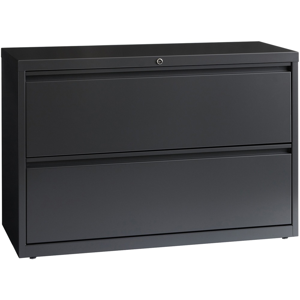 LLR60440 - 42" wide lateral file features two versatile drawers with hanging file rails for side-to-side filing of letter-size, legal-size or A4-size folders. Each drawer has a magnetic label holder for easy identification where you need it. Design also features a core-removable lock for security, dual locking bars, full-width pull, ball-bearing slide suspension for smooth opening and closing, reinforced base, and four adjustable leveling guides for stabilization. Interlock system prohibits the extension of more than one drawer at a time for your safety. Counterweight prevents tipping. Lateral file meets or exceeds applicable ANSI/BIFMA standards. More from the Manufacturer