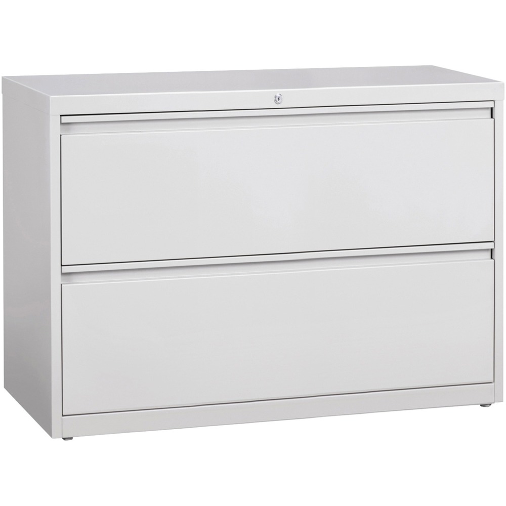 LLR60439 - 42" wide lateral file features two versatile drawers with hanging file rails for side-to-side filing in letter-size, legal-size or A4-size. Each drawer has a magnetic label holder for easy identification where you need it. Design also features a core-removable lock for security, dual locking bars, full-width pull, ball-bearing slide suspension for smooth opening and closing, reinforced base, and four adjustable leveling guides for stabilization. Interlock system prohibits the extension of more than one drawer at a time for your safety. Counterweight prevents tipping. Lateral file meets or exceeds applicable ANSI/BIFMA standards. More from the Manufacturer