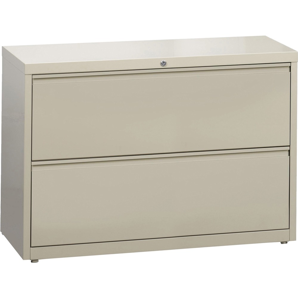 LLR60438 - 42" wide lateral file features two versatile drawers with hanging file rails for side-to-side filing in letter-size, legal-size or A4-size. Each drawer has a magnetic label holder for easy identification where you need it. Design also features a core-removable lock for security, dual locking bars, full-width pull, ball-bearing slide suspension for smooth opening and closing, reinforced base, and four adjustable leveling guides for stabilization. Interlock system prohibits the extension of more than one drawer at a time for your safety. Counterweight prevents tipping. Lateral file meets or exceeds applicable ANSI/BIFMA standards. More from the Manufacturer