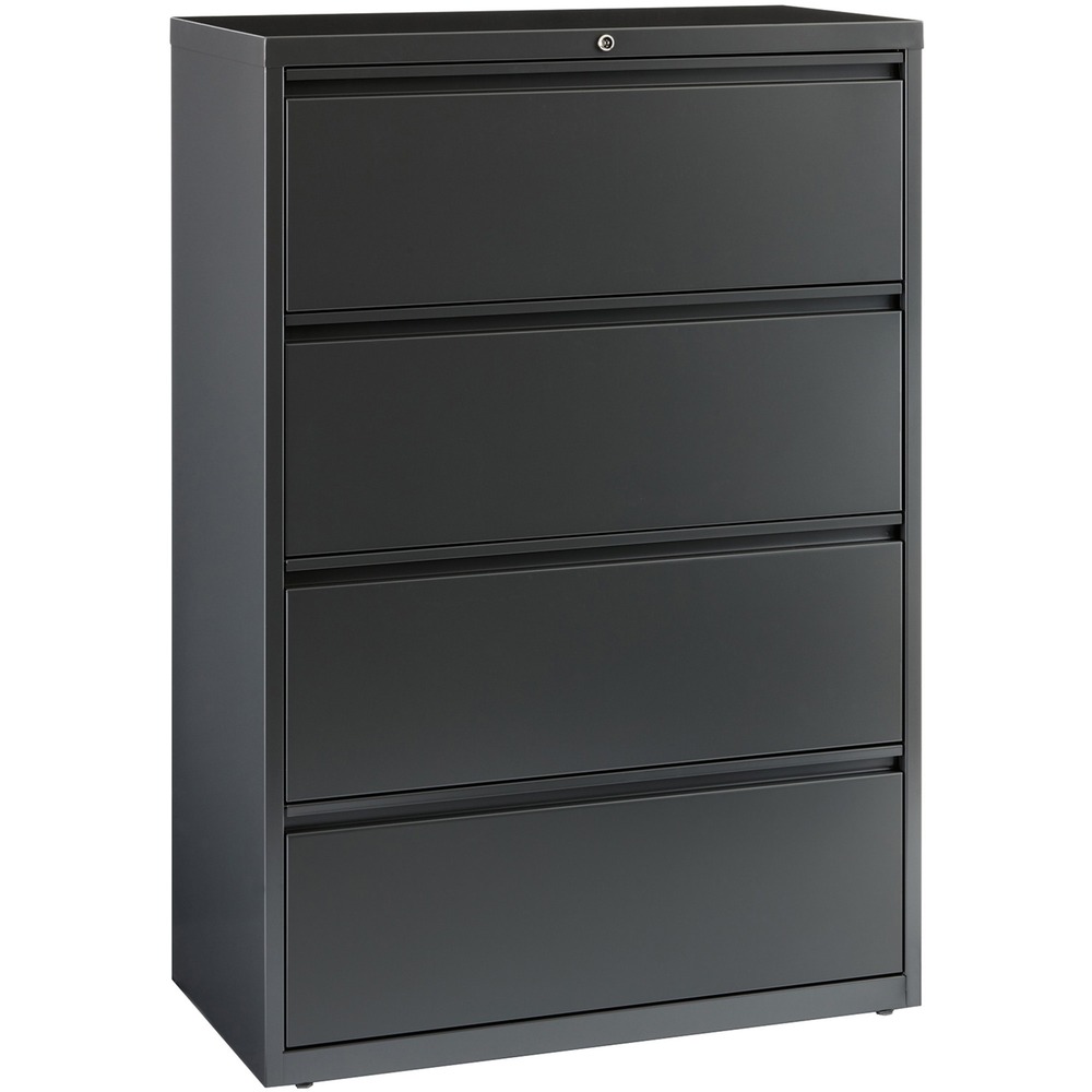LLR60446 - 36" wide lateral file features four versatile drawers with hanging file rails for side-to-side filing of letter-size, legal-size or A4-size folders. Each drawer has a magnetic label holder for easy identification where you need it. Design also features a core-removable lock for security, dual locking bars, full-width pull, ball-bearing slide suspension for smooth opening and closing, reinforced base, and four adjustable leveling guides for stabilization. Interlock system prohibits the extension of more than one drawer at a time for your safety. Counterweight prevents tipping. Lateral file meets or exceeds applicable ANSI/BIFMA standards. More from the Manufacturer