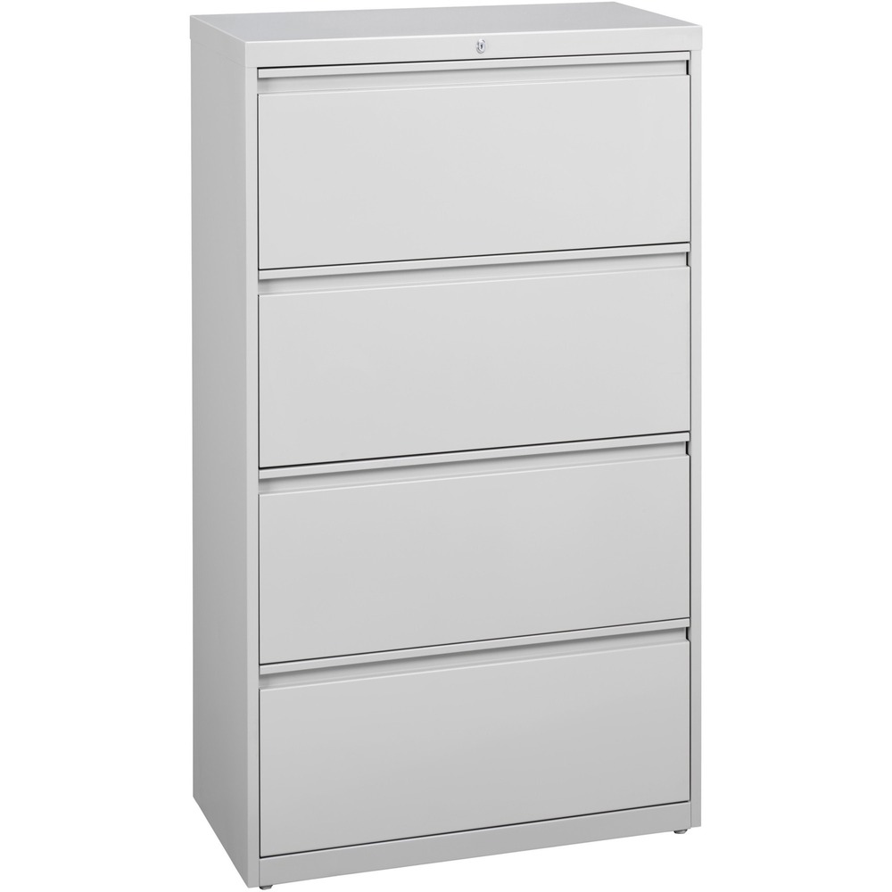LLR60445 - 36" wide lateral file features four versatile drawers with hanging file rails for side-to-side filing in letter-size, legal-size or A4-size. Each drawer has a magnetic label holder for easy identification where you need it. Design also features a core-removable lock for security, dual locking bars, full-width pull, ball-bearing slide suspension for smooth opening and closing, reinforced base, and four adjustable leveling guides for stabilization. Interlock system prohibits the extension of more than one drawer at a time for your safety. Counterweight prevents tipping. Lateral file meets or exceeds applicable ANSI/BIFMA standards. More from the Manufacturer