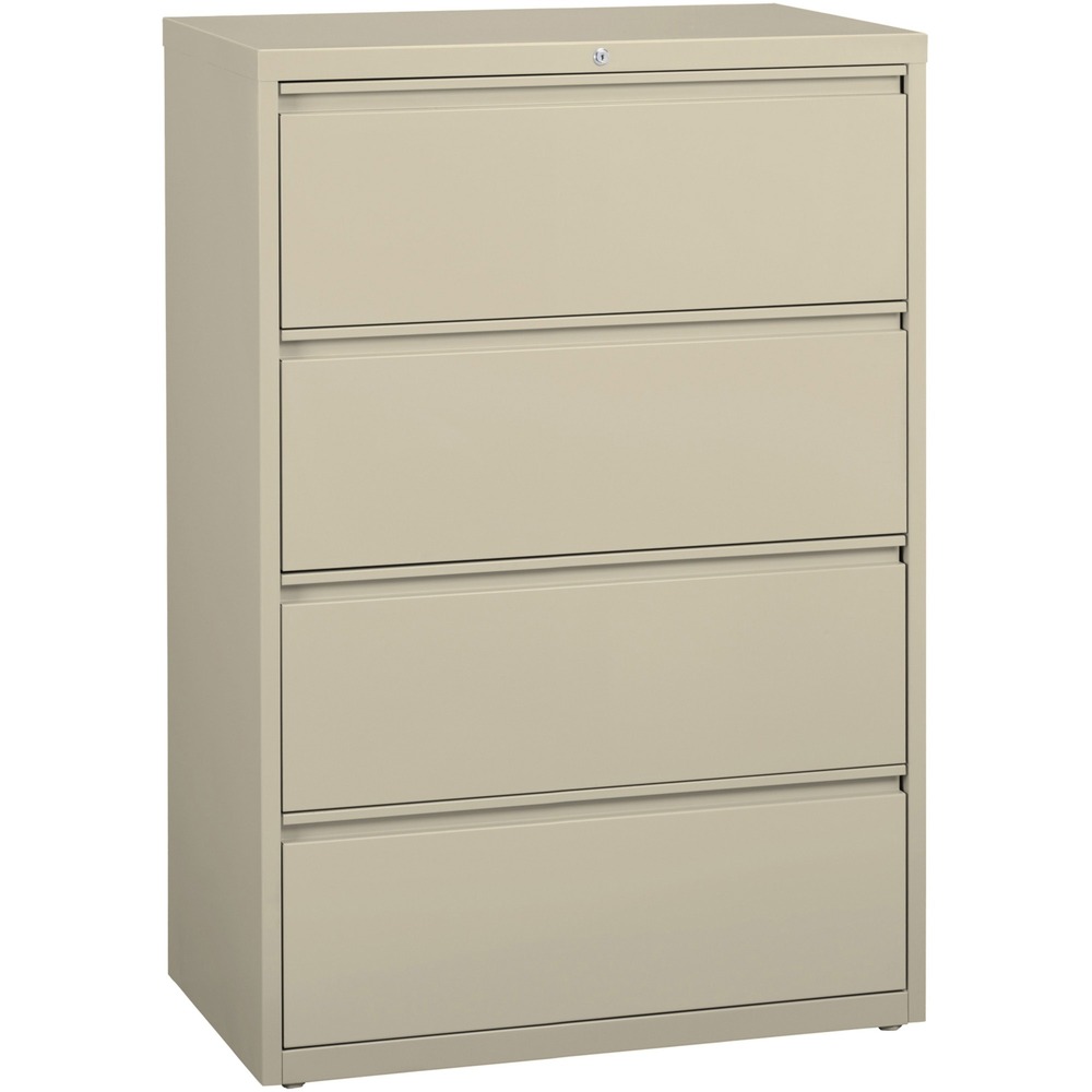 LLR60444 - 36" wide lateral file features four versatile drawers with hanging file rails for side-to-side filing in letter-size, legal-size or A4-size. Each drawer has a magnetic label holder for easy identification where you need it. Design also features a core-removable lock for security, dual locking bars, full-width pull, ball-bearing slide suspension for smooth opening and closing, reinforced base, and four adjustable leveling guides for stabilization. Interlock system prohibits the extension of more than one drawer at a time for your safety. Counterweight prevents tipping. Lateral file meets or exceeds applicable ANSI/BIFMA standards. More from the Manufacturer