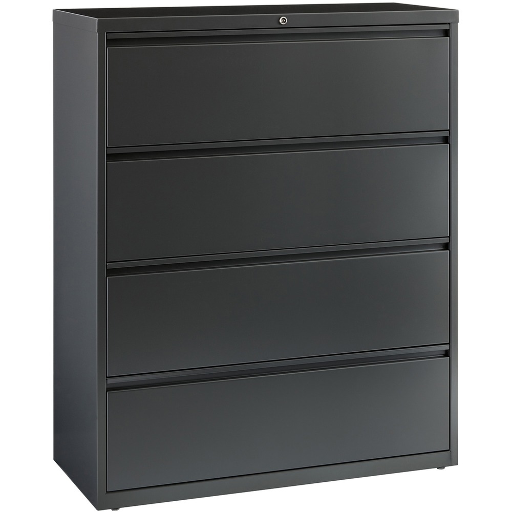 LLR60437 - 42" wide lateral file features four versatile drawers with hanging file rails for side-to-side filing of letter-size, legal-size or A4-size folders. Each drawer has a magnetic label holder for easy identification where you need it. Design also features a core-removable lock for security, dual locking bars, full-width pull, ball-bearing slide suspension for smooth opening and closing, reinforced base, and four adjustable leveling guides for stabilization. Interlock system prohibits the extension of more than one drawer at a time for your safety. Counterweight prevents tipping. Lateral file meets or exceeds applicable ANSI/BIFMA standards. More from the Manufacturer
