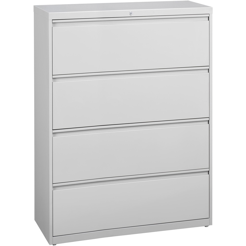 LLR60436 - 42" wide lateral file features four versatile drawers with hanging file rails for side-to-side filing in letter-size, legal-size or A4-size. Each drawer has a magnetic label holder for easy identification where you need it. Design also features a core-removable lock for security, dual locking bars, full-width pull, ball-bearing slide suspension for smooth opening and closing, reinforced base, and four adjustable leveling guides for stabilization. Interlock system prohibits the extension of more than one drawer at a time for your safety. Counterweight prevents tipping. Lateral file meets or exceeds applicable ANSI/BIFMA standards. More from the Manufacturer