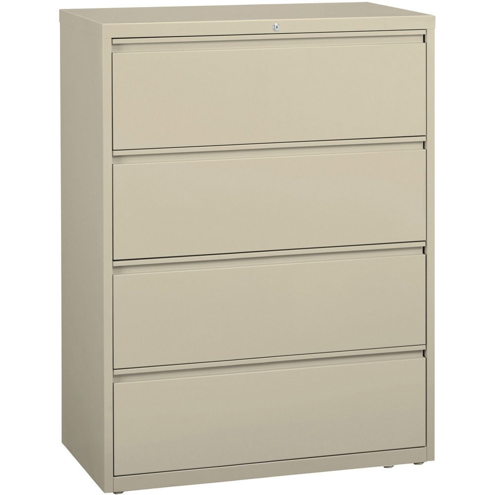 LLR60435 - 42" wide lateral file features four versatile drawers with hanging file rails for side-to-side filing in letter-size, legal-size or A4-size. Each drawer has a magnetic label holder for easy identification where you need it. Design also features a core-removable lock for security, dual locking bars, full-width pull, ball-bearing slide suspension for smooth opening and closing, reinforced base, and four adjustable leveling guides for stabilization. Interlock system prohibits the extension of more than one drawer at a time for your safety. Counterweight prevents tipping. Lateral file meets or exceeds applicable ANSI/BIFMA standards. More from the Manufacturer