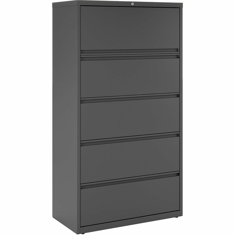 LLR60443 - 36" wide lateral file features a roll-out binder storage/posting shelf and four drawers with hanging file rails for side-to-side filing of letter-size, legal-size or A4-size folders for versatility. Each drawer has a magnetic label holder for easy identification where you need it. Design also features a core-removable lock for security, dual locking bars, full-width pull, ball-bearing slide suspension for smooth opening and closing, reinforced base, and four adjustable leveling guides for stabilization. Interlock system prohibits the extension of more than one drawer at a time for your safety. Counterweight prevents tipping. Lateral file meets or exceeds applicable ANSI/BIFMA standards. More from the Manufacturer