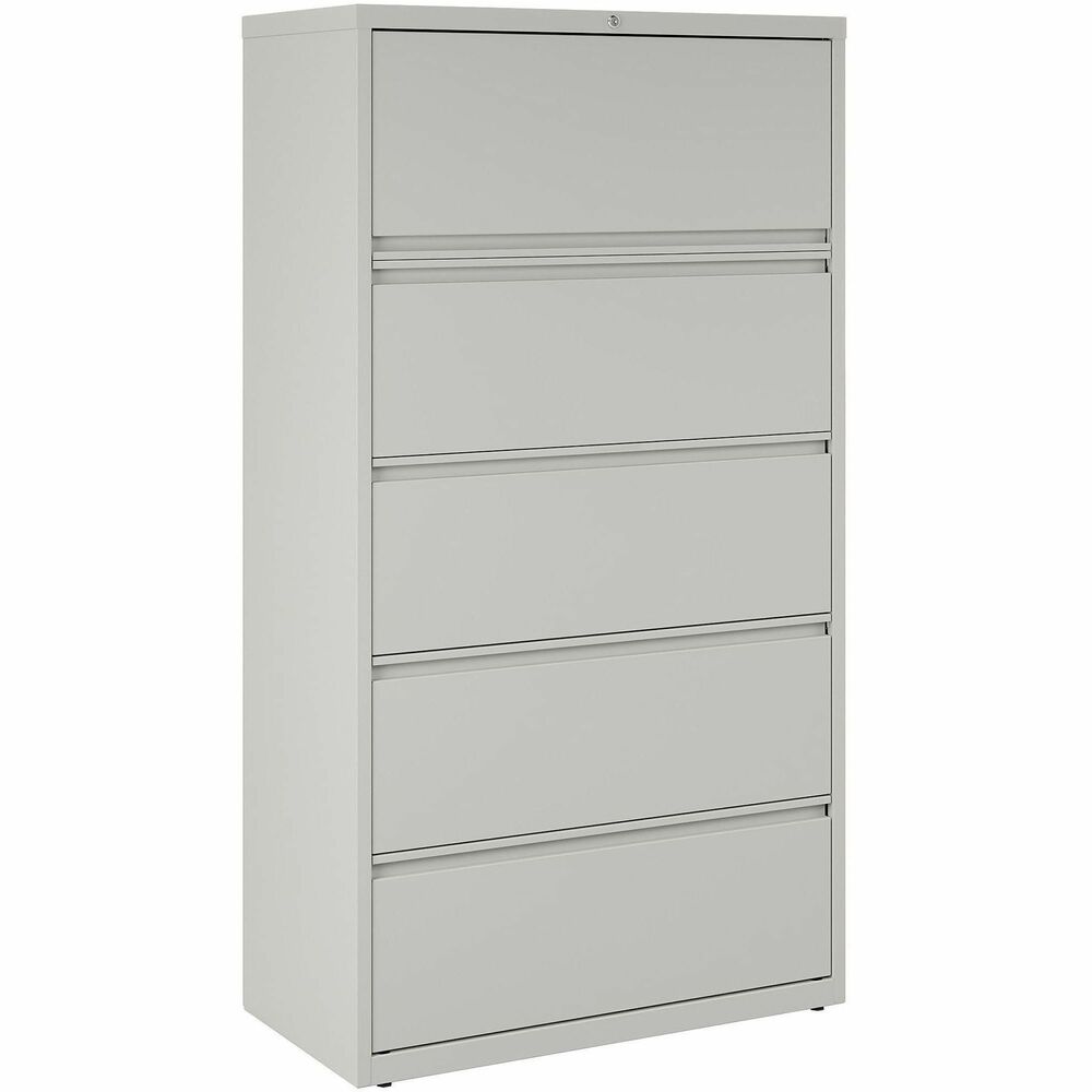 LLR60442 - 36" wide lateral file features a roll-out binder storage/posting shelf and four drawers with hanging file rails for side-to-side filing in letter-size, legal-size or A4-size for versatility. Each drawer has a magnetic label holder for easy identification where you need it. Design also features a core-removable lock for security, dual locking bars, full-width pull, ball-bearing slide suspension for smooth opening and closing, reinforced base, and four adjustable leveling guides for stabilization. Interlock system prohibits the extension of more than one drawer at a time for your safety. Counterweight prevents tipping. Lateral file meets or exceeds applicable ANSI/BIFMA standards. More from the Manufacturer