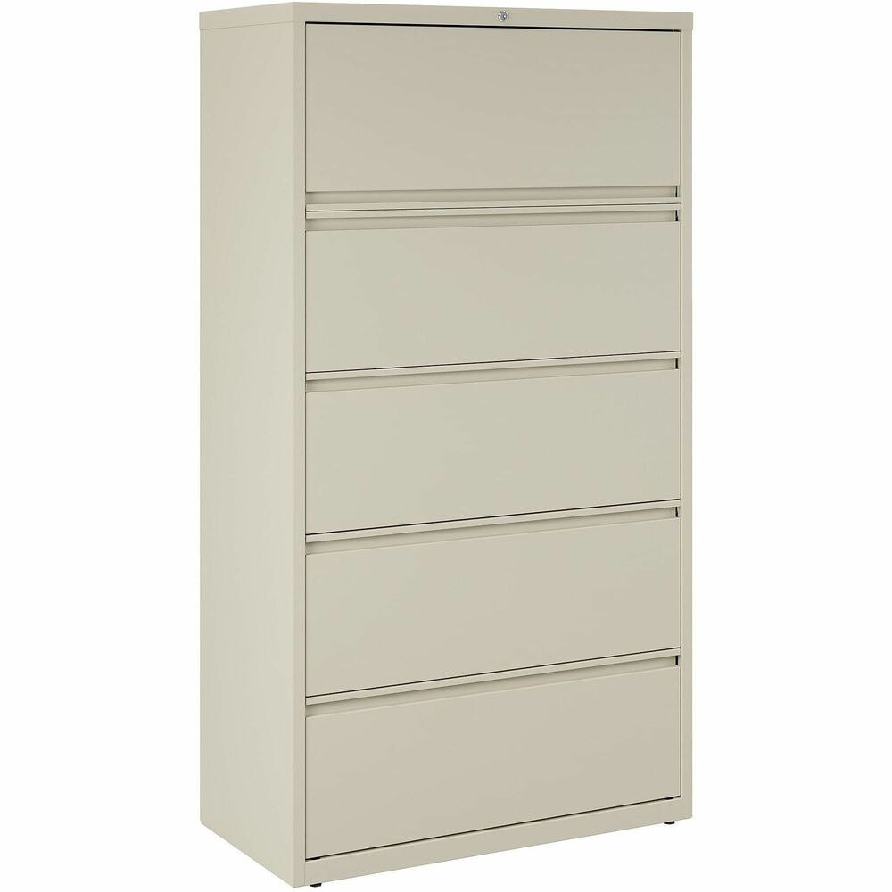 LLR60441 - 36" wide lateral file features a roll-out binder storage/posting shelf and four drawers with hanging file rails for side-to-side filing in letter-size, legal-size or A4-size for versatility. Each drawer has a magnetic label holder for easy identification where you need it. Design also features a core-removable lock for security, dual locking bars, full-width pull, ball-bearing slide suspension for smooth opening and closing, reinforced base, and four adjustable leveling guides for stabilization. Interlock system prohibits the extension of more than one drawer at a time for your safety. Counterweight prevents tipping. Lateral file meets or exceeds applicable ANSI/BIFMA standards. More from the Manufacturer