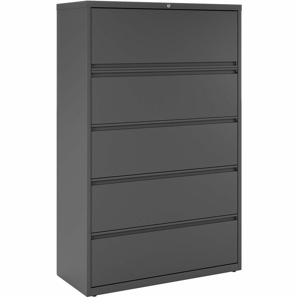 LLR60434 - 42" wide lateral file features a roll-out binder storage/posting shelf and four drawers with hanging file rails for side-to-side filing of letter-size, legal-size or A4-size folders for versatility. Each drawer has a magnetic label holder for easy identification where you need it. Design also features a core-removable lock for security, dual locking bars, full-width pull, ball-bearing slide suspension for smooth opening and closing, reinforced base, and four adjustable leveling guides for stabilization. Interlock system prohibits the extension of more than one drawer at a time for your safety. Counterweight prevents tipping. Lateral file meets or exceeds applicable ANSI/BIFMA standards. More from the Manufacturer