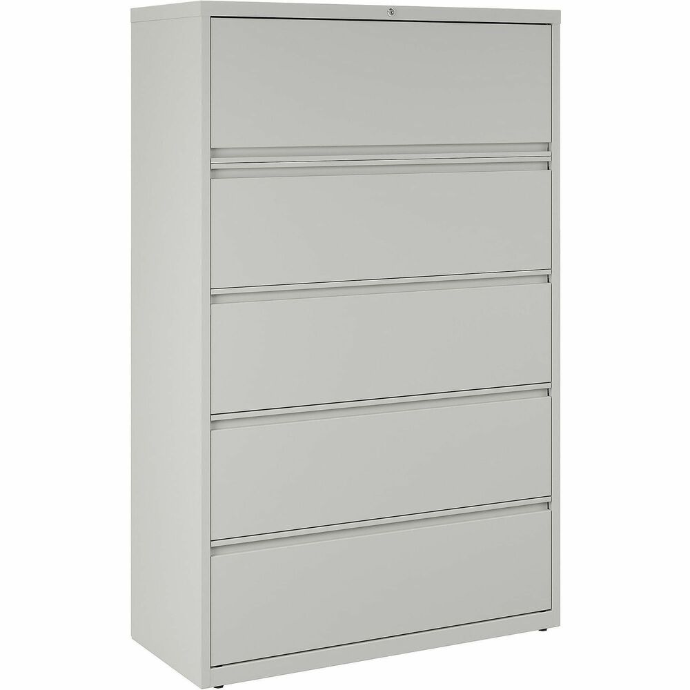 LLR60433 - 42" wide lateral file features a roll-out binder storage/posting shelf and four drawers with hanging file rails for side-to-side filing in letter-size, legal-size or A4-size for versatility. Each drawer has a magnetic label holder for easy identification where you need it. Design also features a core-removable lock for security, dual locking bars, full-width pull, ball-bearing slide suspension for smooth opening and closing, reinforced base and four adjustable leveling guides for stabilization. Interlock system prohibits the extension of more than one drawer at a time for your safety. Counterweight prevents tipping. Lateral file meets or exceeds applicable ANSI/BIFMA standards. More from the Manufacturer