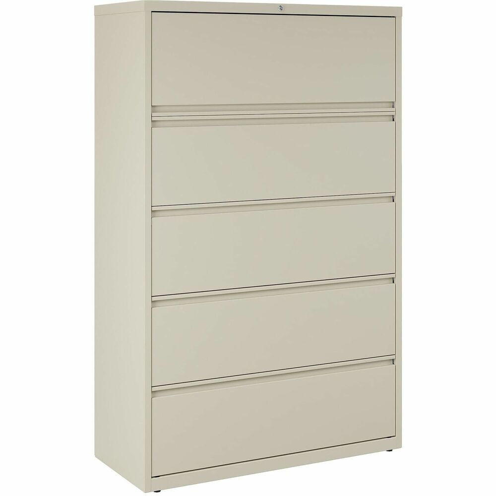 LLR60432 - 42" wide lateral file features five drawers with hanging file rails for side-to-side filing in letter-size, legal-size or A4-size for versatility. Each drawer has a magnetic label holder for easy identification where you need it. Design also features a core-removable lock for security, dual locking bars, full-width pull, ball-bearing slide suspension for smooth opening and closing, reinforced base, and four adjustable leveling guides for stabilization. Interlock system prohibits the extension of more than one drawer at a time for your safety. Counterweight prevents tipping. Lateral file meets or exceeds applicable ANSI/BIFMA standards. More from the Manufacturer