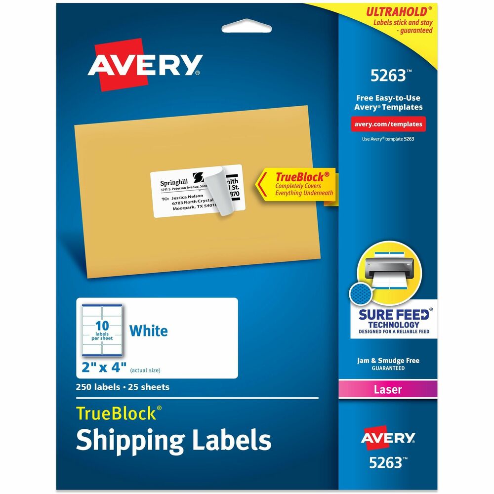 AVE5263 - Create professional-looking labels quickly using Shipping Labels with TrueBlock Technology. Labels with TrueBlock completely cover everything underneath so you can reuse mailing tubes, boxes and more. Bright-white labels have permanent adhesive and are jam-free and smudge-free. Perfect for creating professional-looking mailings, shipping, bar-coding and organizing. Labels are designed for use in laser printers. Avery offers many easy-to-use templates for Microsoft Word and other popular software programs. Each sheet includes 10 labels. More from the Manufacturer