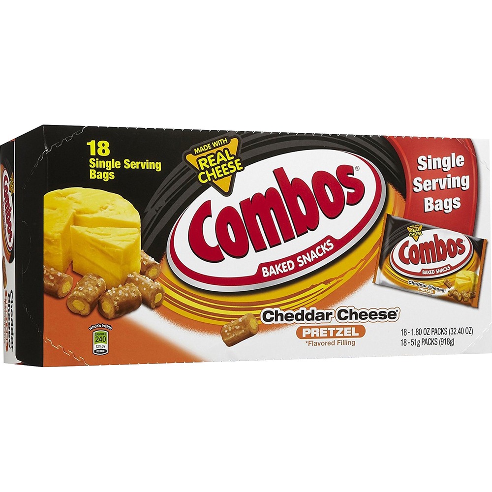 MRS71471 - COMBOS Baked Snacks are a delicious, indulgent treat that can be enjoyed anytime. Crunchy oven-baked pretzels are packed full of cheddar cheese-flavored filling. Take the 1.8 oz. single-serve packages with you to enjoy this filling treat on-the-go.