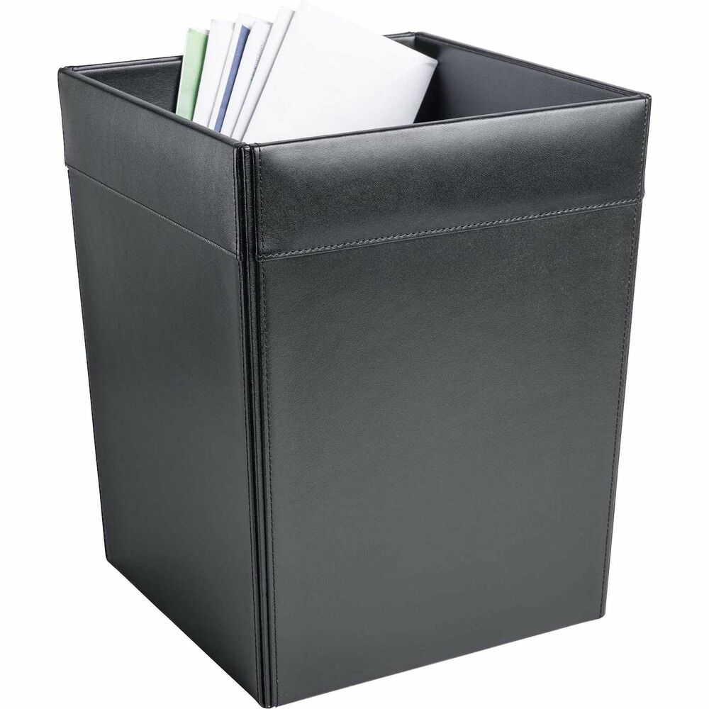 DACA1003 - Classic Black Leather Waste Basket features a top-grain leather rim combined with a faux-leather body and interior lining to complement the polished, professional look of your room. The bottom is lined with soft velveteen to protect surfaces from scuffs and scratches. 14-quart wastebasket is designed for waste paper products. Wastebasket coordinates with Dacasso's line of conference room items and leather desk accessories. It's perfect for any office, conference room, study room, hotel and more.