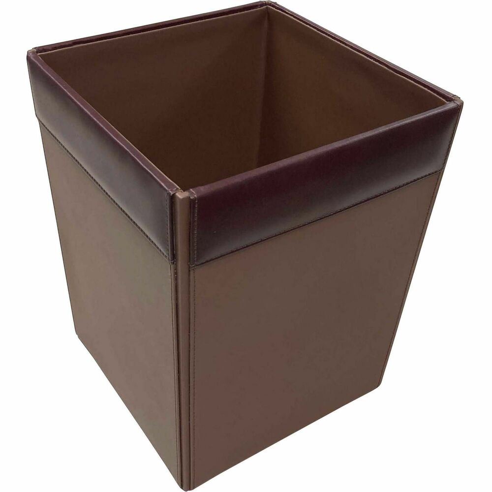 DACA3003 - Mocha Leather Waste Basket features a top-grain leather rim combined with a faux-leather body and interior lining to complement the polished, professional look of your room. The bottom is lined with soft velveteen to protect surfaces from scuffs and scratches. 14-quart wastebasket is designed for waste paper products. Wastebasket coordinates with Dacasso's line of conference room items and leather desk accessories. It's perfect for any office, conference room, study room, hotel and more.