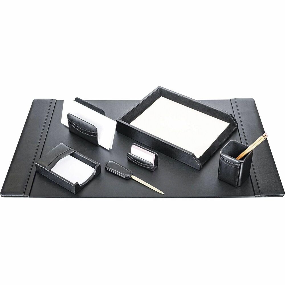 DACD1004 - Seven-Piece Desk Set features an assortment of durable supplies to help you work efficiently throughout the day. Top-grain leather adds professional style to any work space. Soft velveteen protects surfaces from scuffs and scratches. Desk set includes a desk pad, letter-size tray, pencil cup, memo holder, letter holder, business card holder and letter opener.