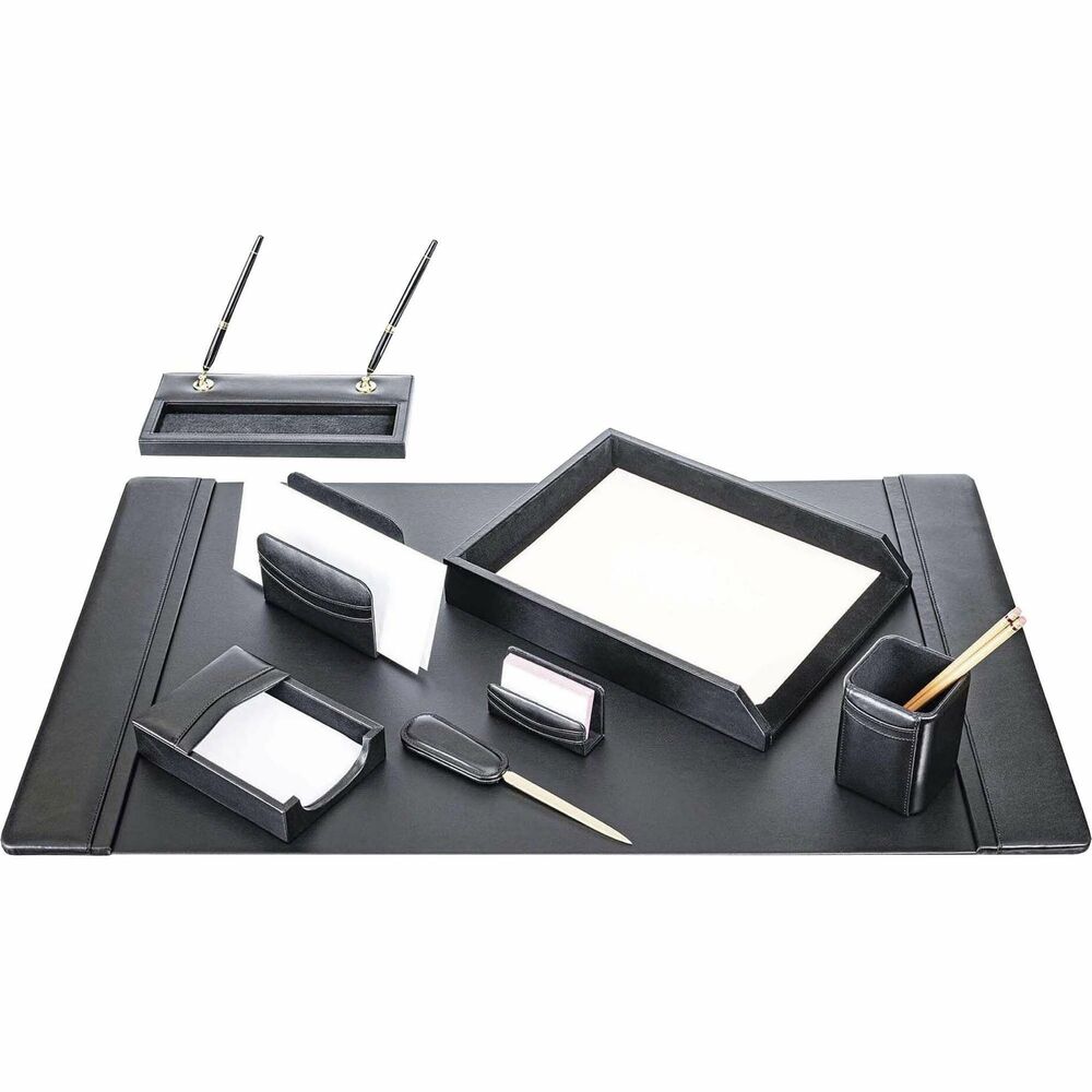 DACD1012 - Eight-Piece Desk Set features an assortment of durable supplies to help you work efficiently throughout the day. Top-grain leather adds professional style to any work space. Soft velveteen protects surfaces from scuffs and scratches. Desk set includes a desk pad, letter-size tray, pencil cup, memo holder, letter holder, business card holder, letter opener and double pen stand.