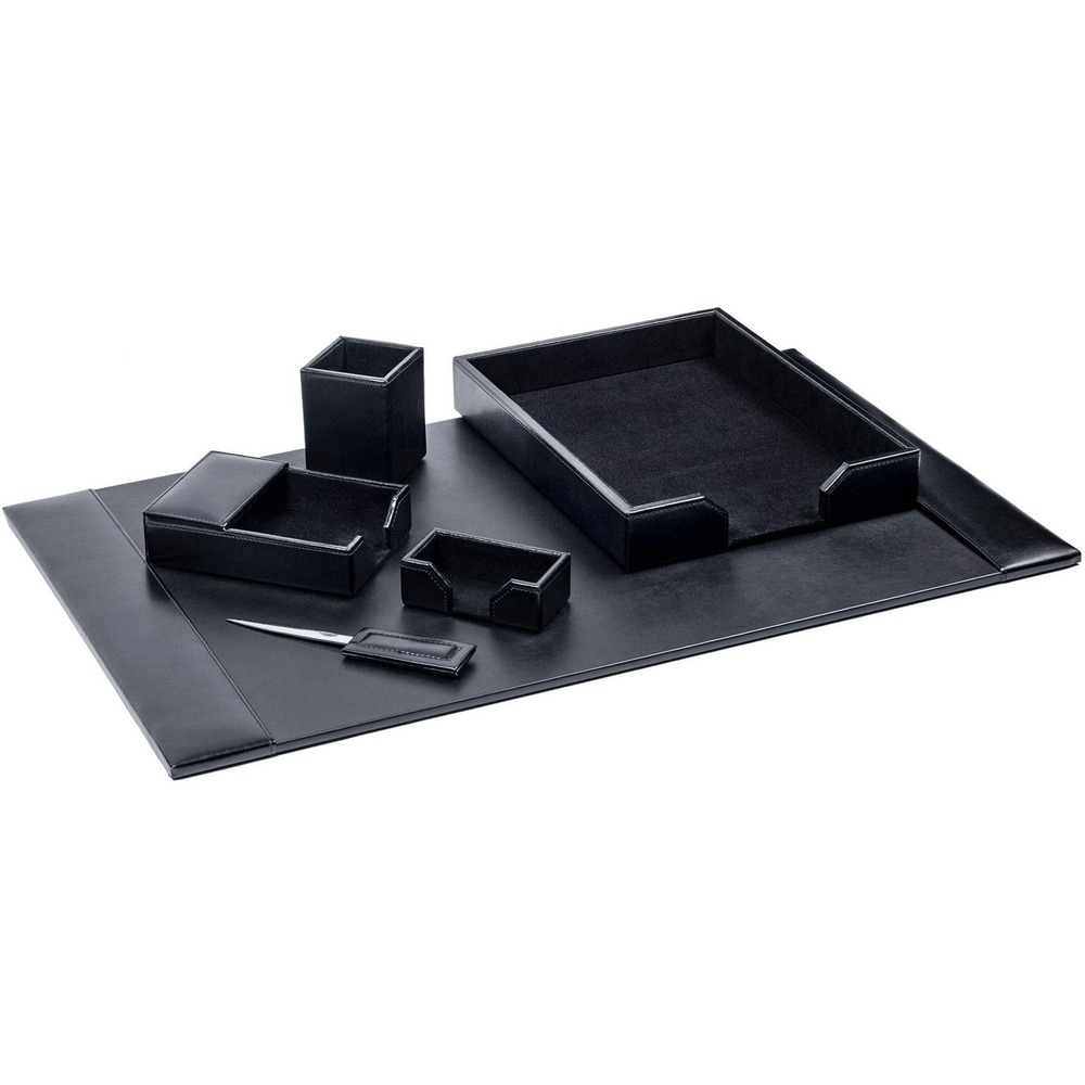 DACD1401 - Six-piece desk set features the essential items you need to keep your desktop organized and looking its best. Each piece is made with bonded leather material to offer a luxurious look that's perfect for any professional environment. Plus, they have a smooth velveteen lining for excellent protection where you need it most. Desk set includes 30" x 18" side-rail desk pad, letter-size tray, pencil cup, 4" x 6" memo holder, business card holder and letter opener.