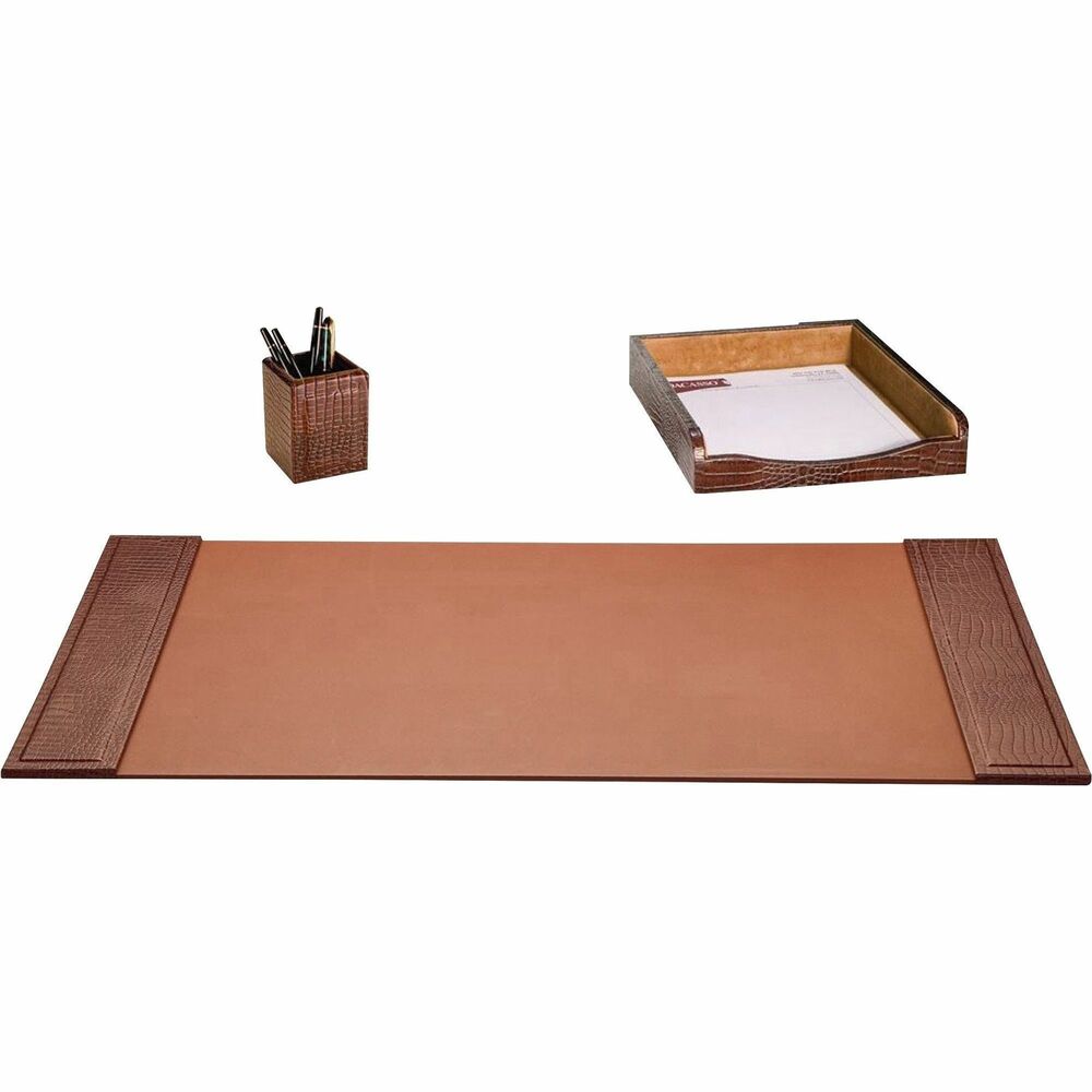 DACD2037 - Three-Piece Desk Set features a crocodile embossed design to add a smart, sophisticated look to your desk. Leather adds professional style to any work space. Soft velveteen protects surfaces from scuffs and scratches. Desk set includes a desk pad, letter-size tray and pencil cup.