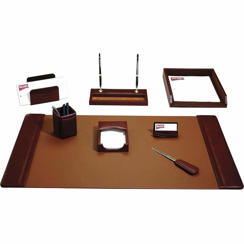 DACD3012 - Seven-Piece Desk Set features an assortment of durable supplies to help you work efficiently throughout the day. Top-grain leather adds professional style to any work space. Soft velveteen protects surfaces from scuffs and scratches. Desk set includes a desk pad, letter-size tray, pencil cup, memo holder, letter holder, business card holder and letter opener.