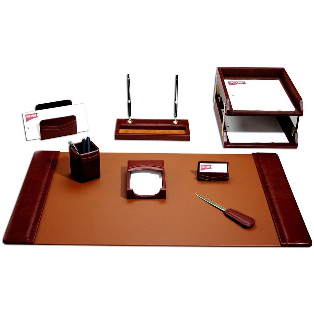 DACD3020 - 10-Piece Desk Set features an assortment of durable supplies to help you work efficiently throughout the day. Top-grain leather adds professional style to any work space. Soft velveteen protects surfaces from scuffs and scratches. Desk set includes a desk pad, two letter-size trays, pencil cup, memo holder, letter holder, business card holder, letter opener, double pen stand and stacking tray posts.