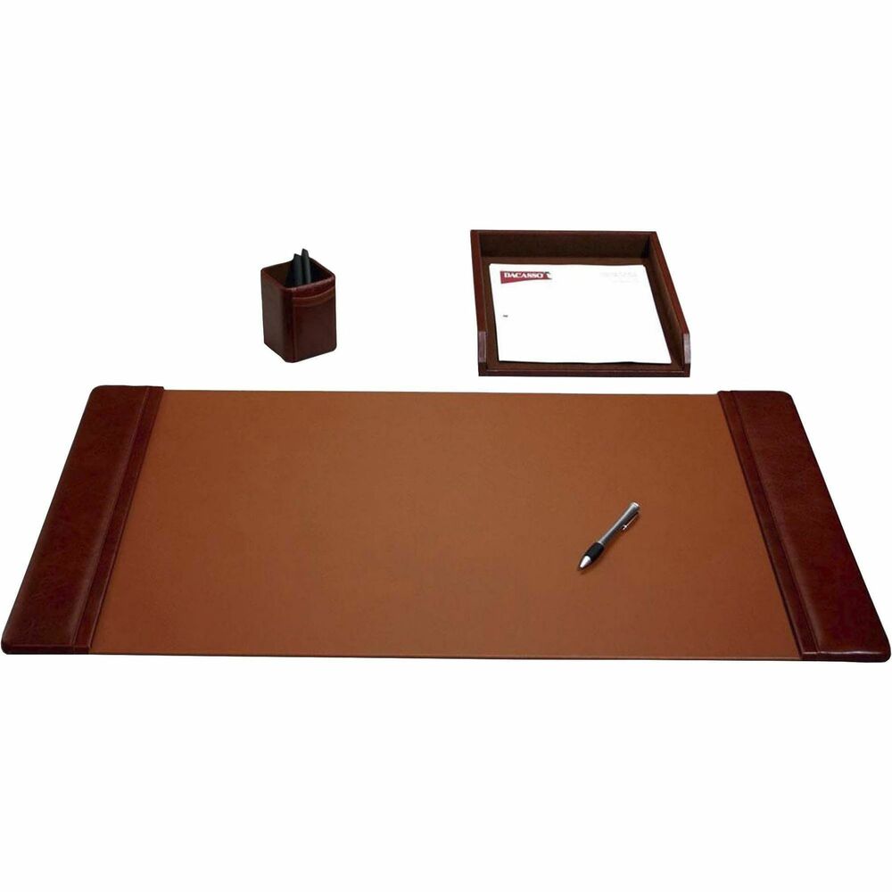 DACD3037 - Three-Piece Desk Set features an assortment of durable supplies to help you work efficiently throughout the day. Top-grain leather adds professional style to any work space. Soft velveteen protects surfaces from scuffs and scratches. Desk set includes a desk pad, letter-size tray and pencil cup.