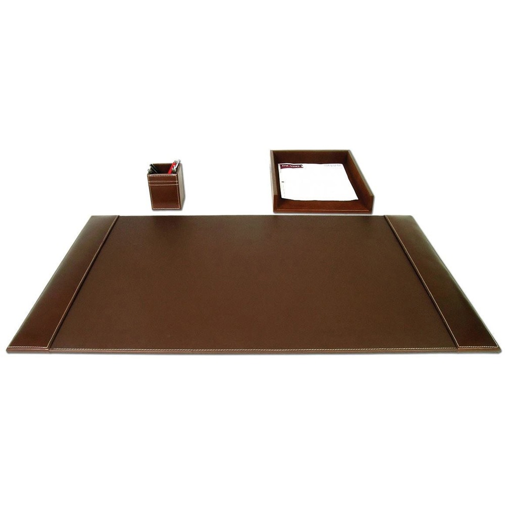 DACD3237 - Three-Piece Desk Set features an assortment of durable supplies to help you work efficiently throughout the day. Top-grain leather adds professional style to any work space. Soft velveteen protects surfaces from scuffs and scratches. Desk set includes a desk pad, letter-size tray and pencil cup.
