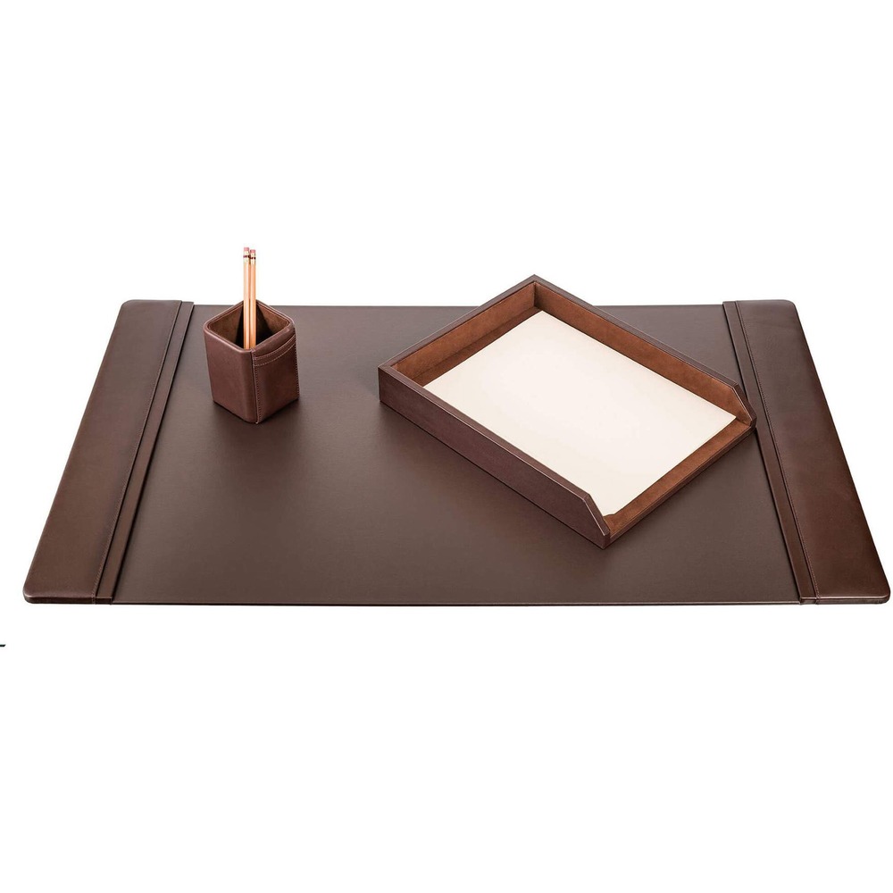 DACD3437 - Three-Piece Desk Set features an assortment of durable supplies to help you work efficiently throughout the day. Top-grain leather adds professional style to any work space. Soft velveteen protects surfaces from scuffs and scratches. Desk set includes a desk pad, letter-size tray and pencil cup.