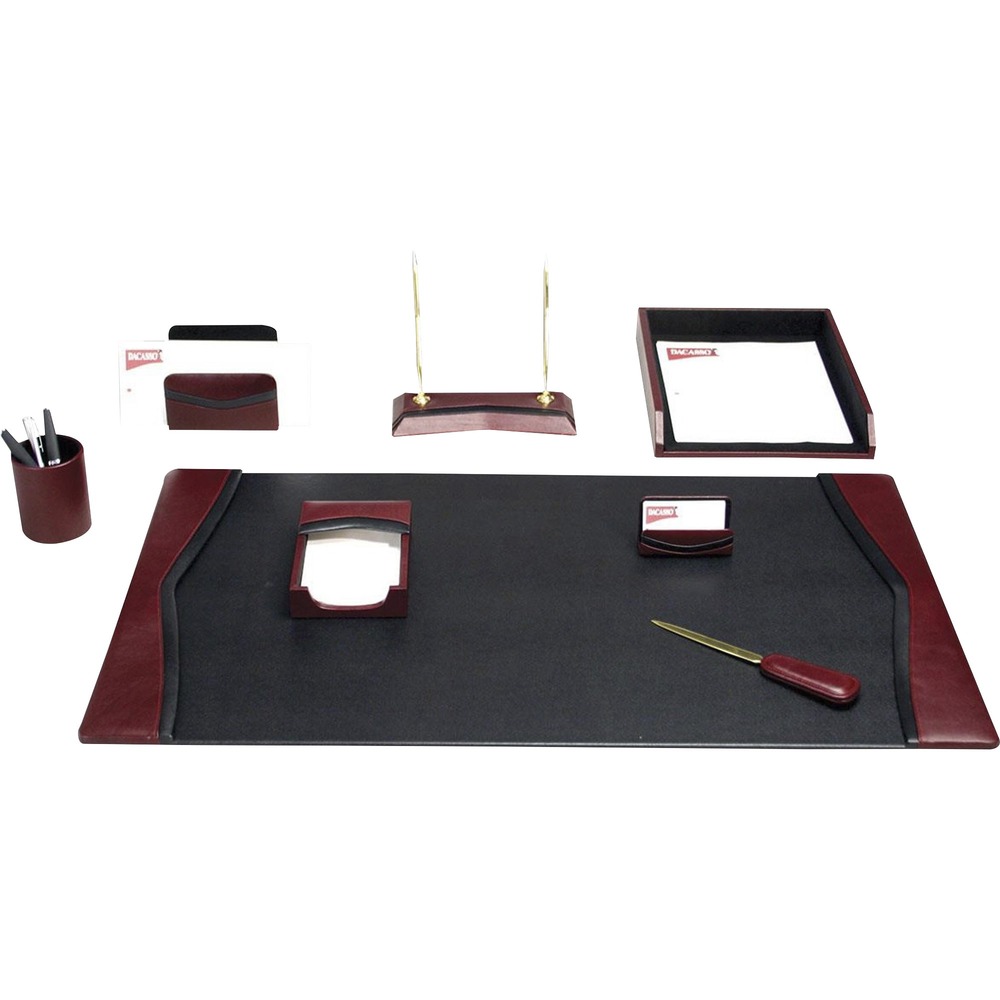 DACD7012 - Eight-Piece Desk Set features an assortment of durable supplies to help you work efficiently throughout the day. Top-grain leather adds professional style to any work space. Soft velveteen protects surfaces from scuffs and scratches. Desk set includes a desk pad, letter-size tray, pencil cup, memo holder, letter holder, business card holder, letter opener and double pen stand.