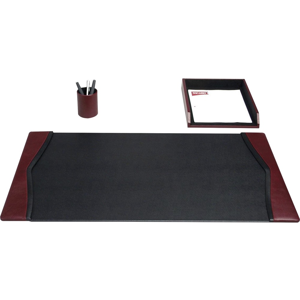 DACD7037 - Three-Piece Desk Set features an assortment of durable supplies to help you work efficiently throughout the day. Top-grain leather adds professional style to any work space. Soft velveteen protects surfaces from scuffs and scratches. Desk set includes a desk pad, letter-size tray and pencil cup.