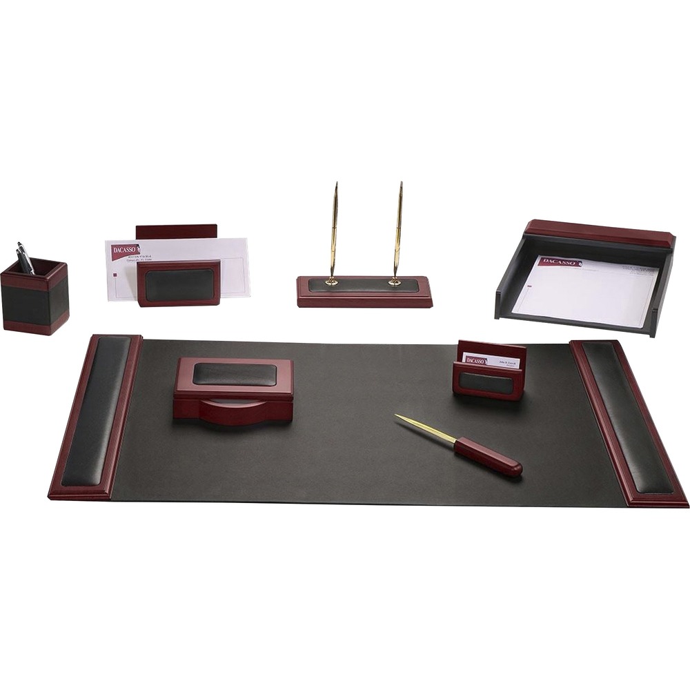 DACD8012 - Eight-piece desk set features the essential items you need to keep your desktop organized and looking its best. Each piece is made with a durable leather material to offer a luxurious look that's perfect for any professional environment. Plus, they have a smooth velveteen lining for excellent protection where you need it most. Desk set includes a 34" x 20" desk pad, letter-size tray, pencil cup, 4" x 6" memo holder, letter holder, business card holder, letter opener and double pen stand.