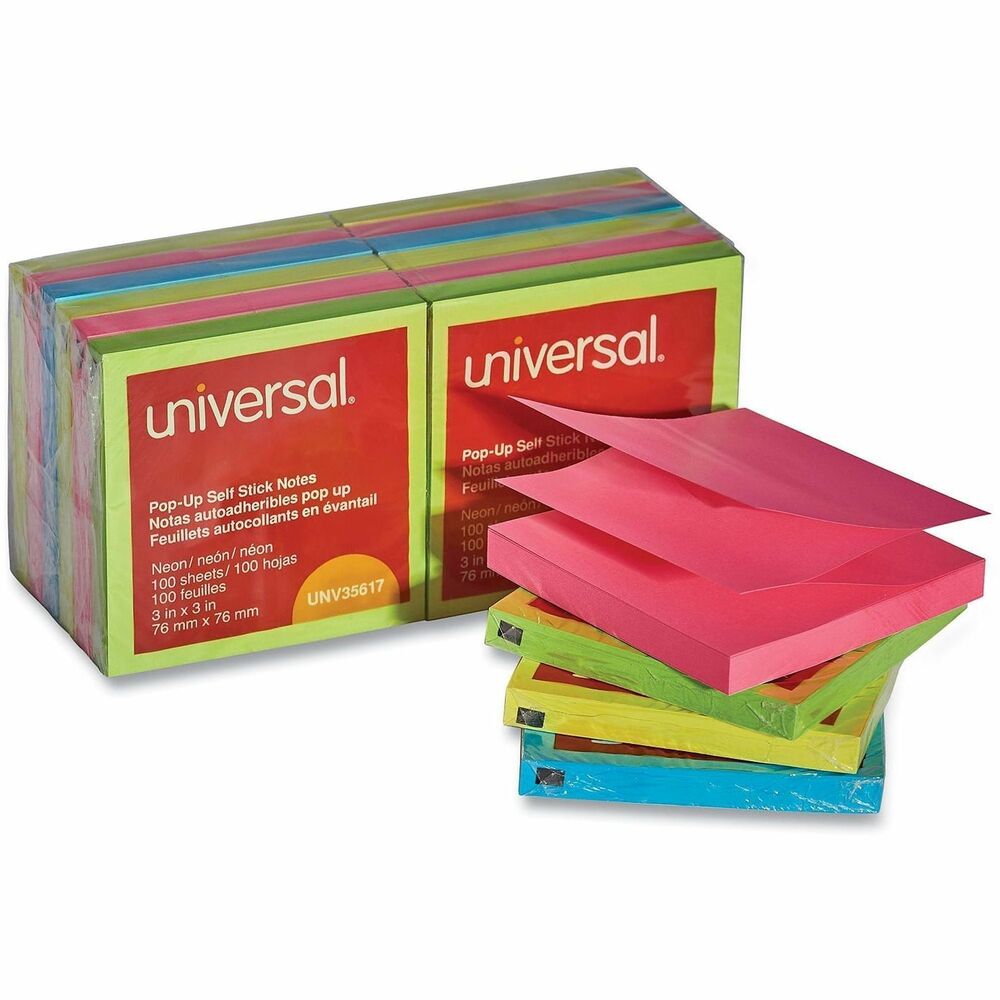 UNV35617 - Whether you're leaving yourself a reminder, letting someone know where you're going or simply flagging files and chapters, these pads get the job done with style to spare. Around the home, office or classroom, colorful self-stick notes grab attention. When used with the appropriate dispensers-sold separately, their fan-fold design keeps each note popping up, one at a time, making one-handed application easy. Reliable and repositionable, their adhesive sticks to almost anything, almost anywhere, without leaving residue behind.   