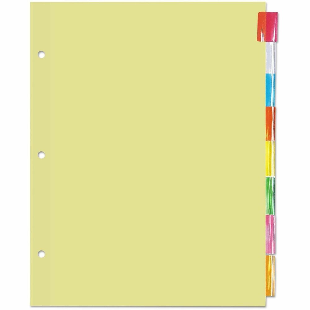 UNV20840 - Keep larger binder files organized with a three-hole punched, buff separation sheets with blank tab inserts. The tab folders are constructed with a single-sided clear Mylar reinforced binding edge. Built with enhanced durability to prevent tear out. The built-in holes eliminate the need for a hole punch and ensure the tabs line up perfectly. Great for organizing large files, notes, chapters, and sections within larger binder files.