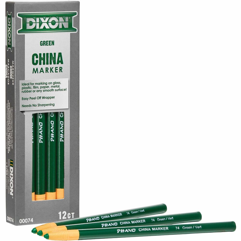 DIX00074 - China Markers make beautiful bold strokes on almost any porous or nonporous surface, including on glass, plastic, film, paper, metal, rubber and almost any surface. Bright colors deliver vivid marks. Marks easily wipe away clean from any smooth surface. Moisture-resistant, break-resistant markers are paper-wrapped with tear strings for sharpening so no need for a sharpener. They are certified PMA nontoxic.