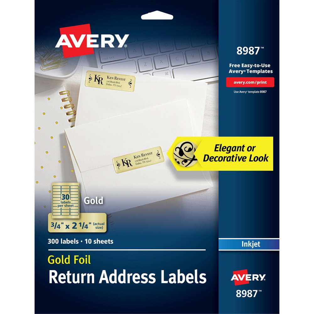 AVE08987 - Create stylish foil address labels with your inkjet printer. The foil has a glossy finish that provides brilliant color and sharp text quality, plus exceptional photo reproduction. Ideal for special messages, announcements, invitations, gift tags and any special occasion. Avery offers many easy-to-use templates for Microsoft Word and other popular software programs.