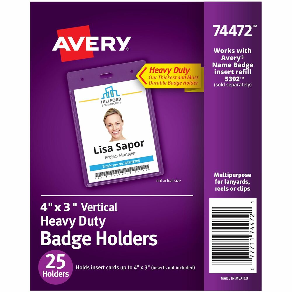 AVE74472 - Have your staff ID cards, name tags, access control cards or visitor passes visible and accessible with Avery 74472 badge holders. Ideal for permanent or temporary identification, these reusable 4" x 3" vertical name badge holders are made from PVC heavyweight plastic that is durable enough for everyday use. The Secure Top name badge design secures your card or insert in place, while the clear plastic badge window allows unobstructed visibility without needing to remove it from the holder. Each card holder is pre-punched to accommodate the choice of using a clip, reel, lanyard or other attachment device (attachments not included). These badge card holders are also compatible with Avery Badge Inserts 5390 and 5392 (inserts sold separately), making them great for custom name tags, name tags for kids and more. Item comes with 25 ID badge holders. More from the Manufacturer